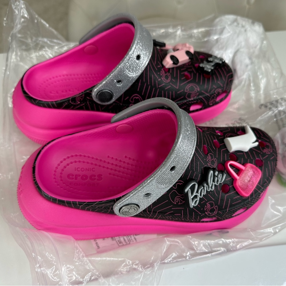 CROCS Pink and Silver Mules with Barbie Design